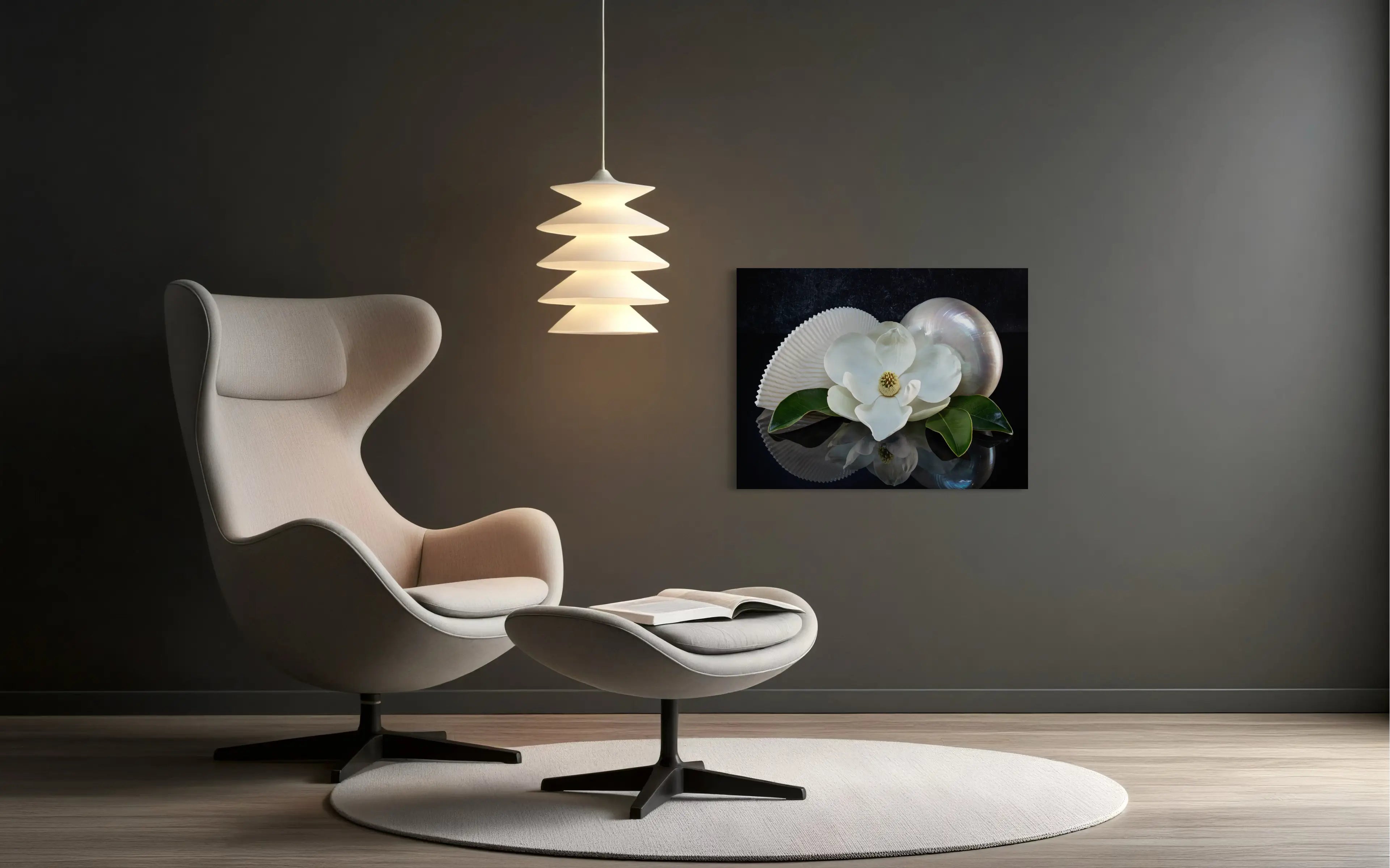 Coastal glass print of a pearl and paper nautilus with a magnolia bloom, southern charm, modern wall decor