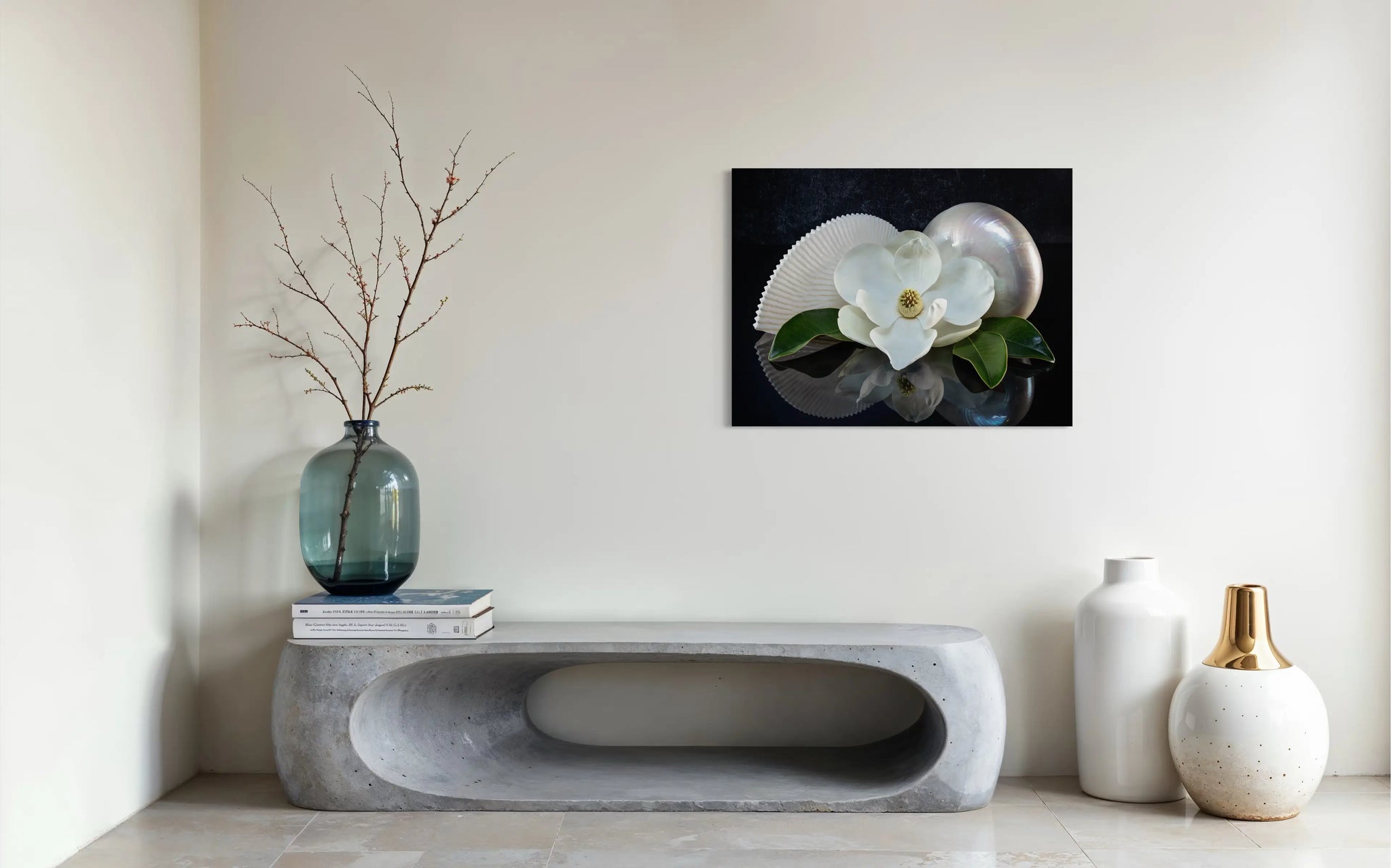Coastal glass print of a pearl and paper nautilus with a magnolia bloom, southern charm, modern coastal decor