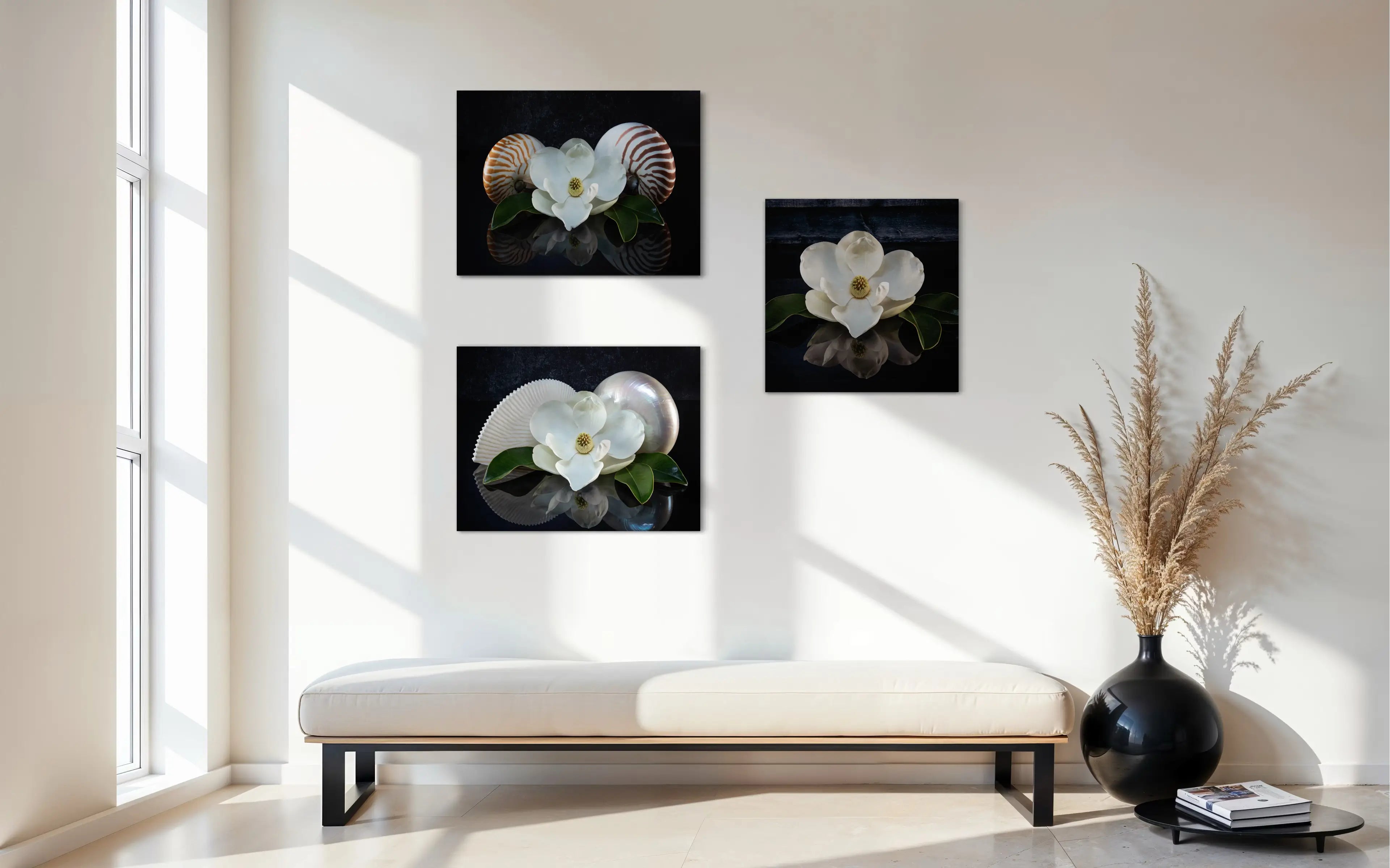 Coastal glass print of a pearl and paper nautilus with a magnolia bloom, southern charm, seashell art wall gallery