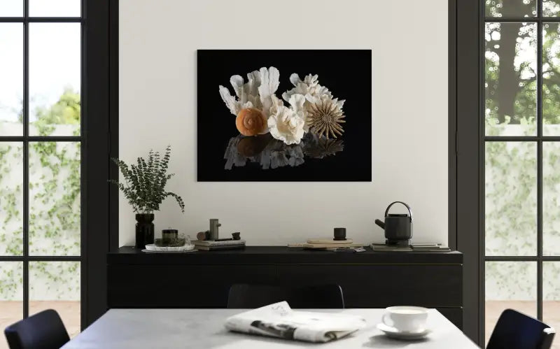 Lettuce coral, sea snail and starfish on black, Echoes of the Sea glass art-coastal dining room