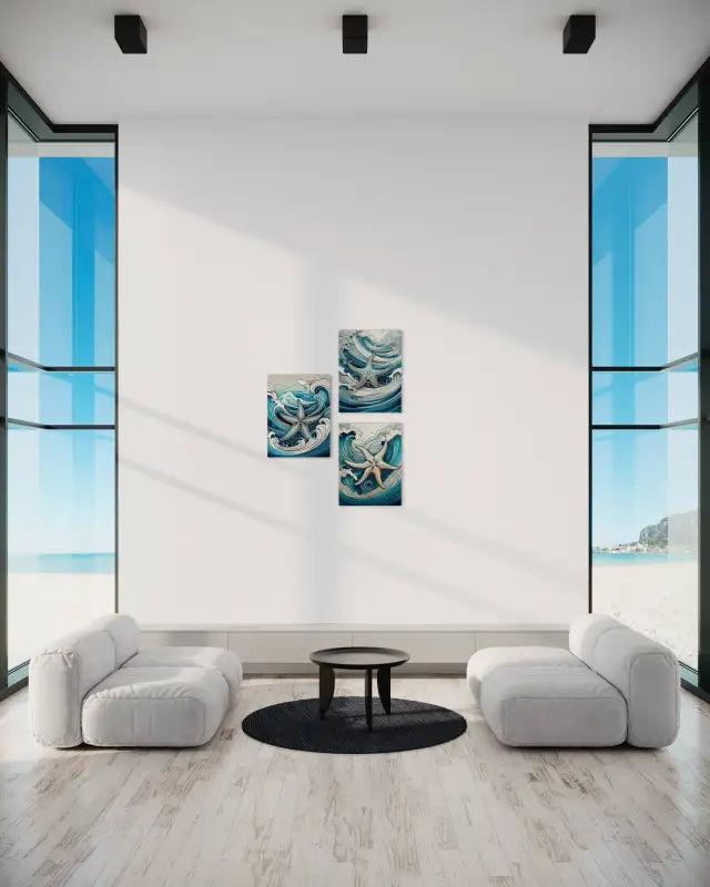 Line art starfish amid blue and emerald Hokusai-style waves on glass print shown 3 Echoes prints