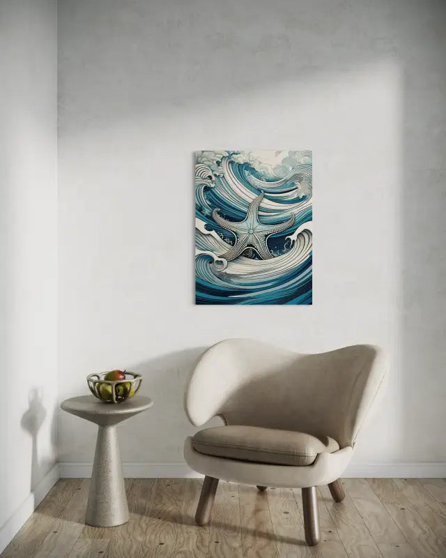 Line art starfish amid blue and emerald Hokusai-style waves on glass print_sitting area