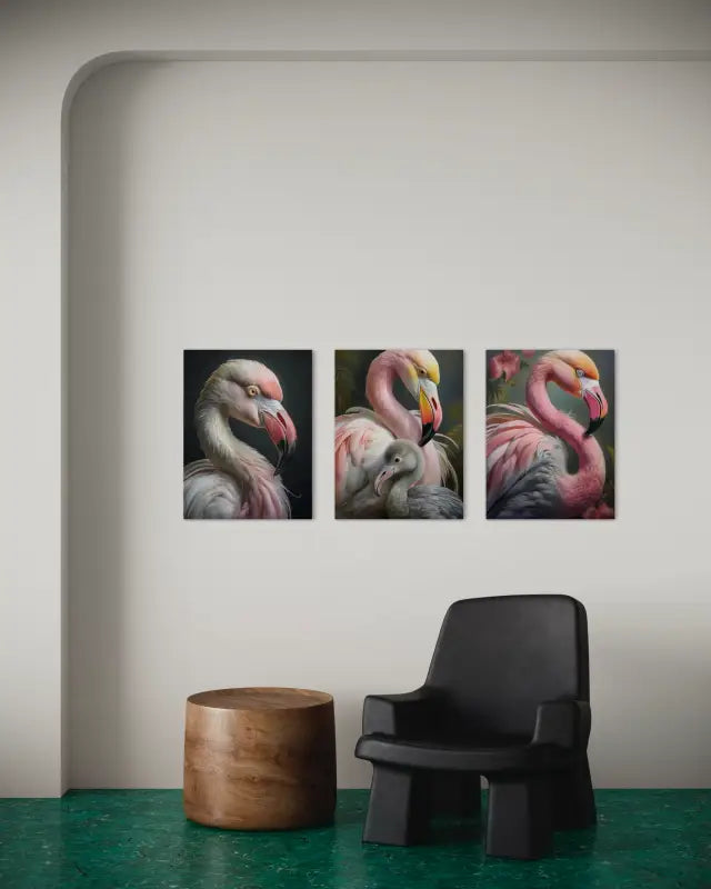 Flamingo portrait in soft pinks, grey background coastal glass art displayed with matching prints