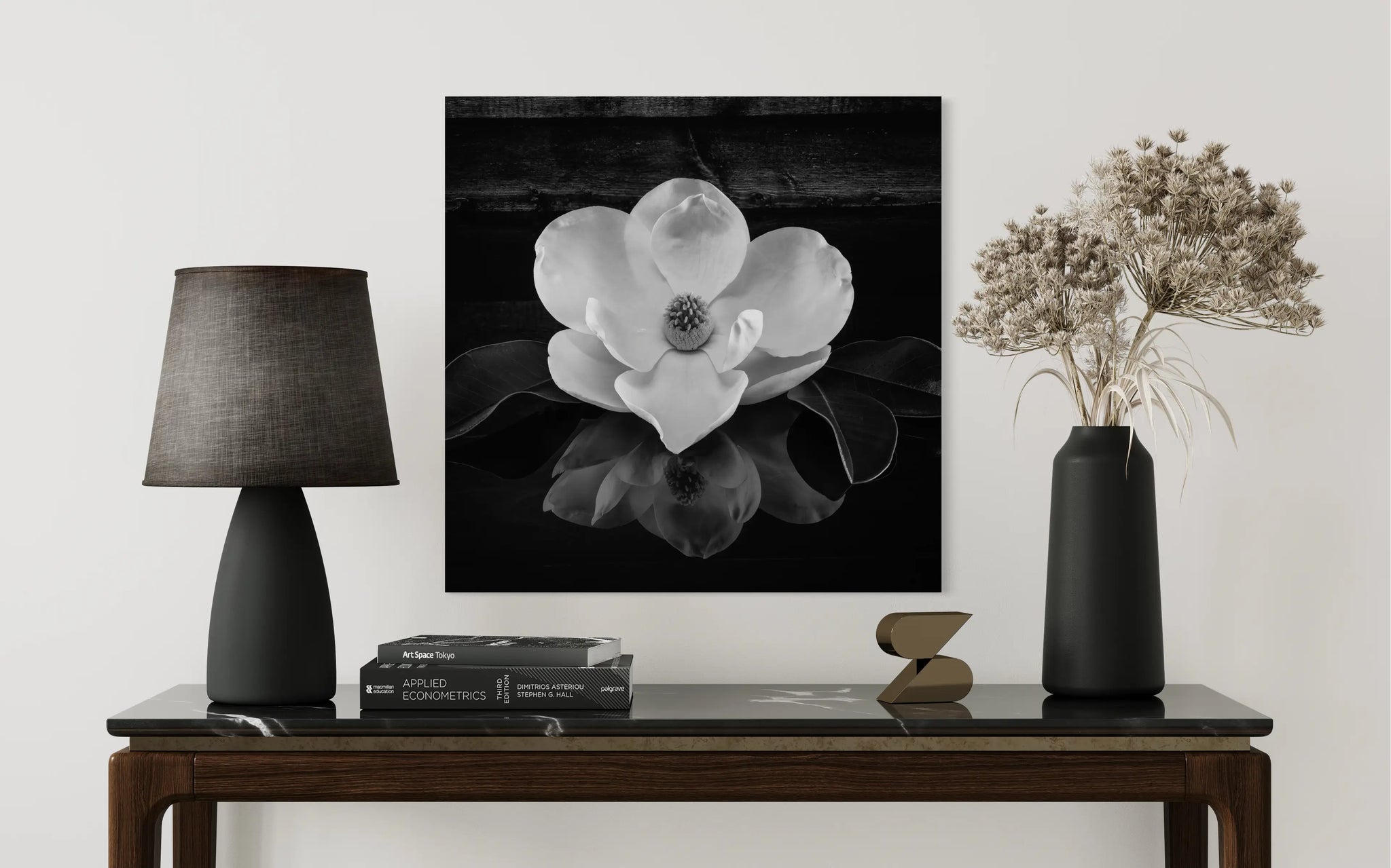 Gorgeous southern magnolia glass print in black and white, coastal southern living decor.