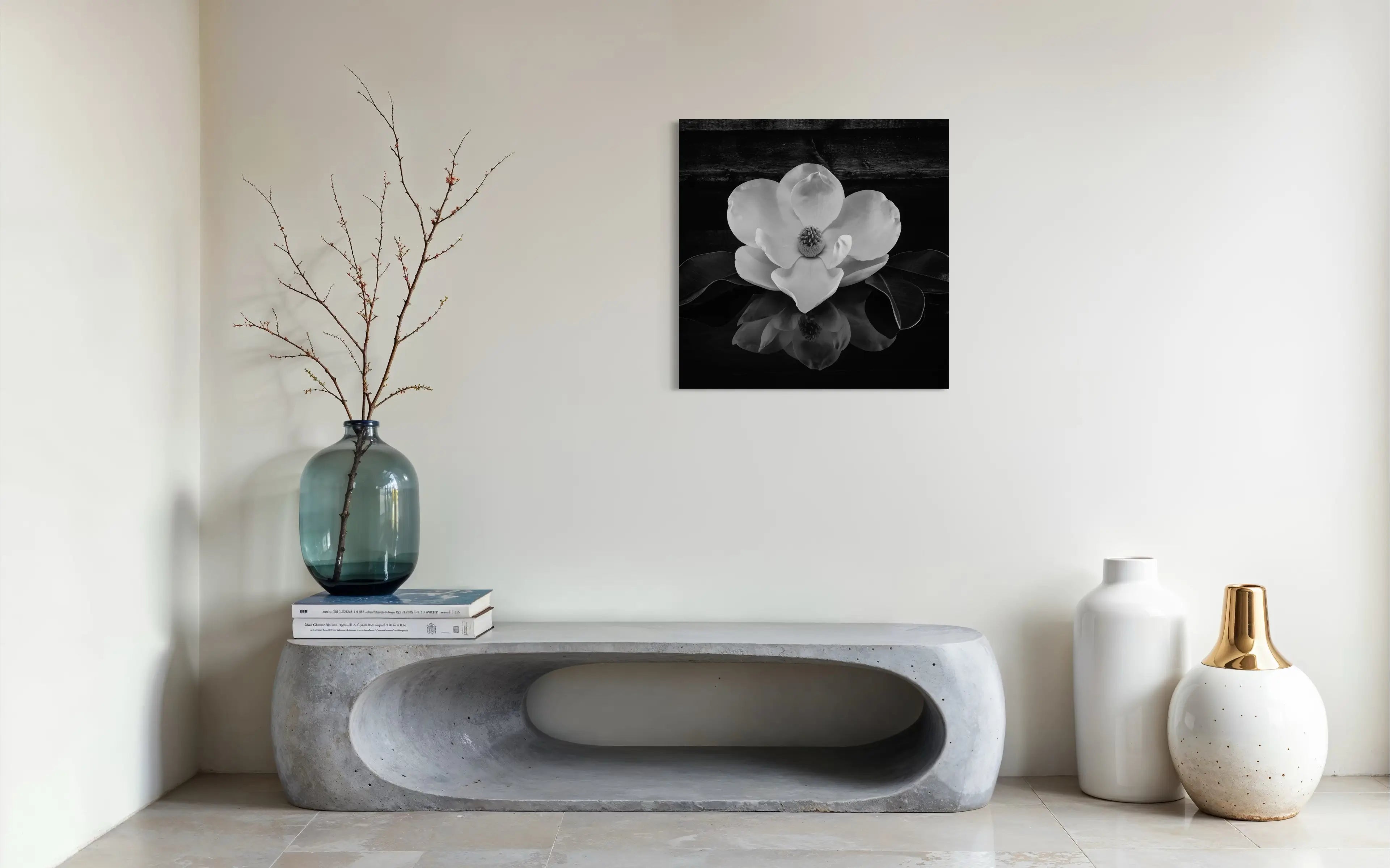 Gorgeous southern magnolia glass print in black and white, modern coastal decor