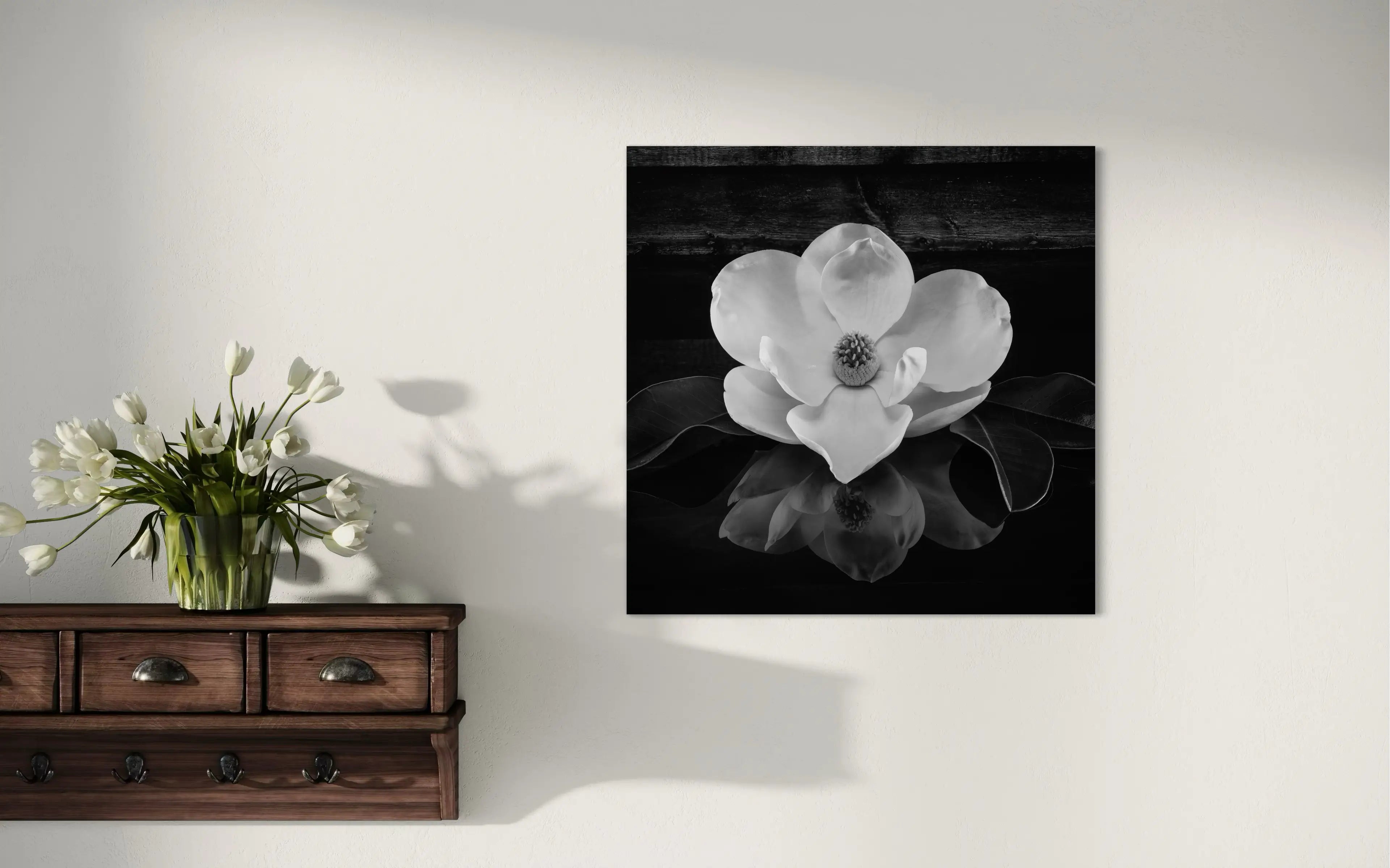 Gorgeous southern magnolia glass print in black and white, home decor.
