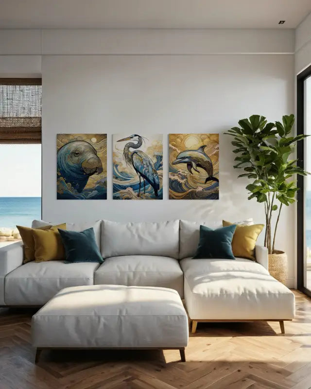Glass print of a fantastical manatee with gold accents in waves, sunset background-coastal room wall gallery