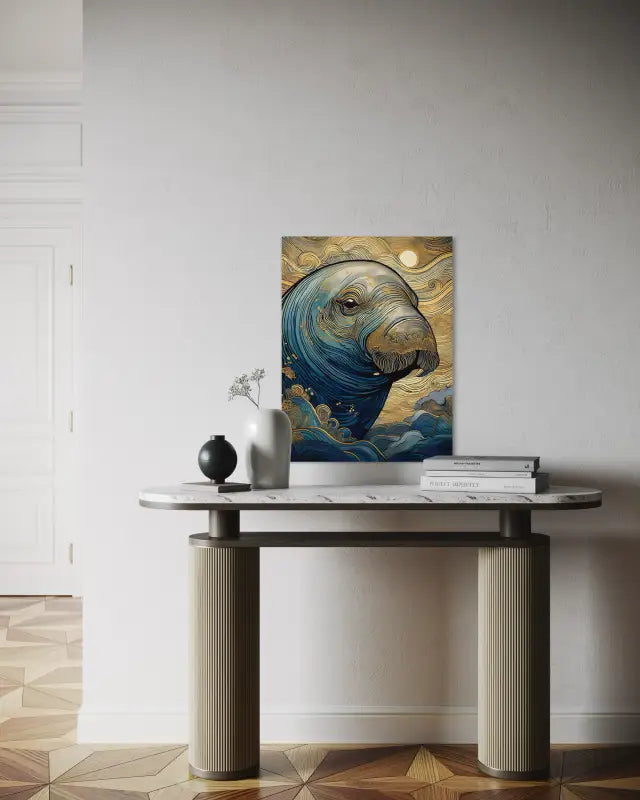 Glass print of a fantastical manatee with gold accents in waves, sunset background-entryway table