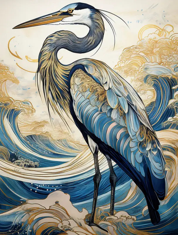 Glass print featuring a majestic Great Blue Heron with blue and gold plumage accents, set against a backdrop of dynamic, stylized waves in shades of blue and gold.