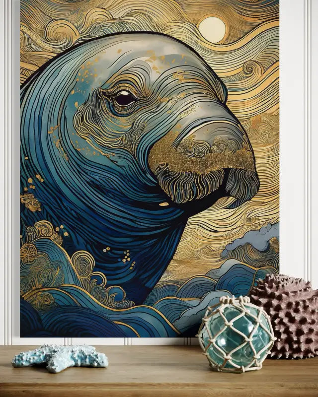 Glass print of a fantastical manatee with gold accents in waves, sunset background-displayed above a shelf