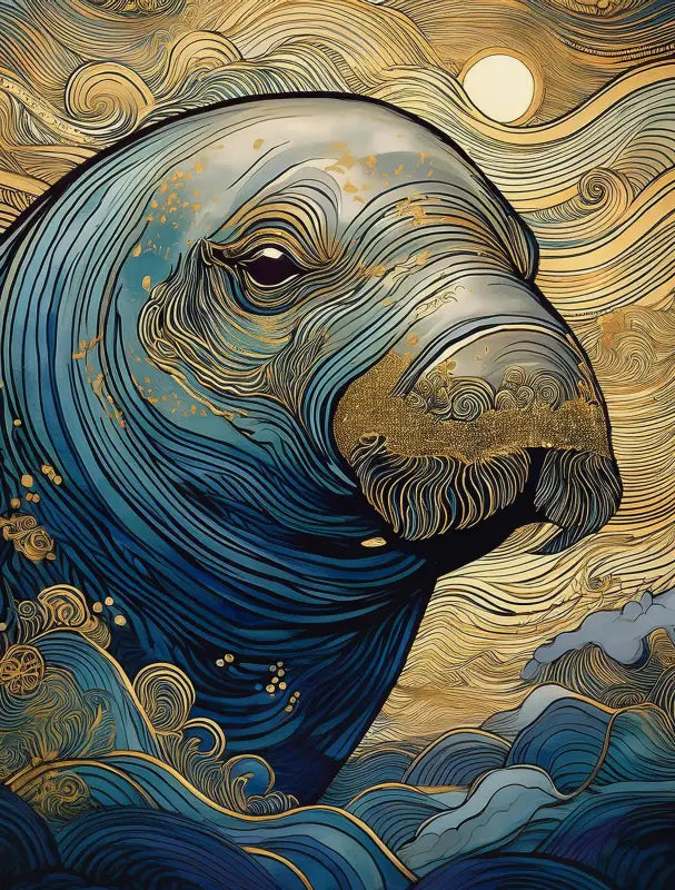 Glass print of a fantastical manatee with gold accents in waves, sunset background