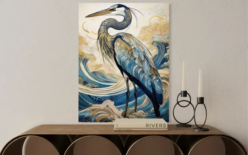 Glass print featuring a majestic Great Blue Heron with blue and gold plumage accents, set against a backdrop of dynamic, stylized waves-above stylized table.