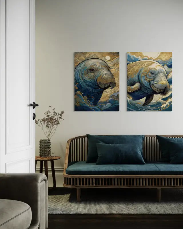 Glass print of a fantastical manatee with gold accents in waves, sunset background displayed with a matching Echoes print.