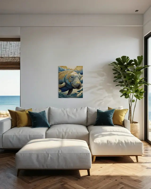 Charming Manatee Hokusai Waves Coastal Glass Print by Echoes of the Sea-coastal decor