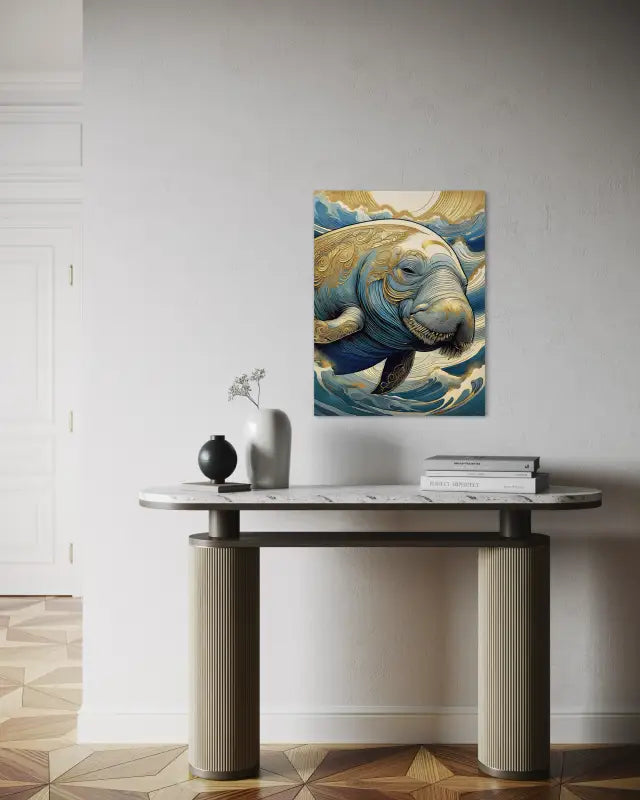 Charming Manatee Hokusai Waves Coastal Glass Print by Echoes of the Sea, golden sun background-entryway