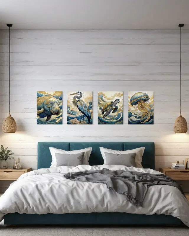 Charming Manatee Hokusai Waves Coastal Glass Print by Echoes of the Sea-coastal bedroom wall gallery