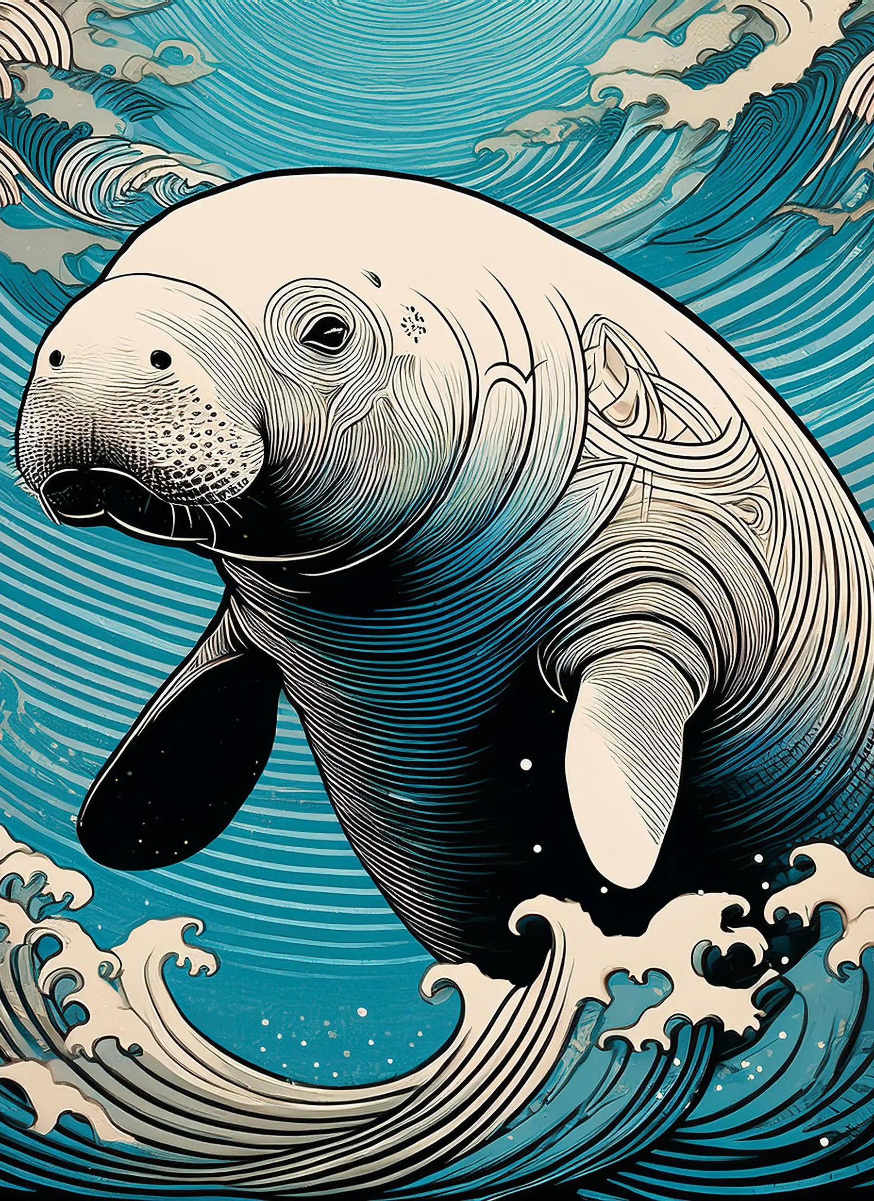 Manatee wall art – gentle manatee swimming in turquoise waves, ocean-inspired Japanese art print.