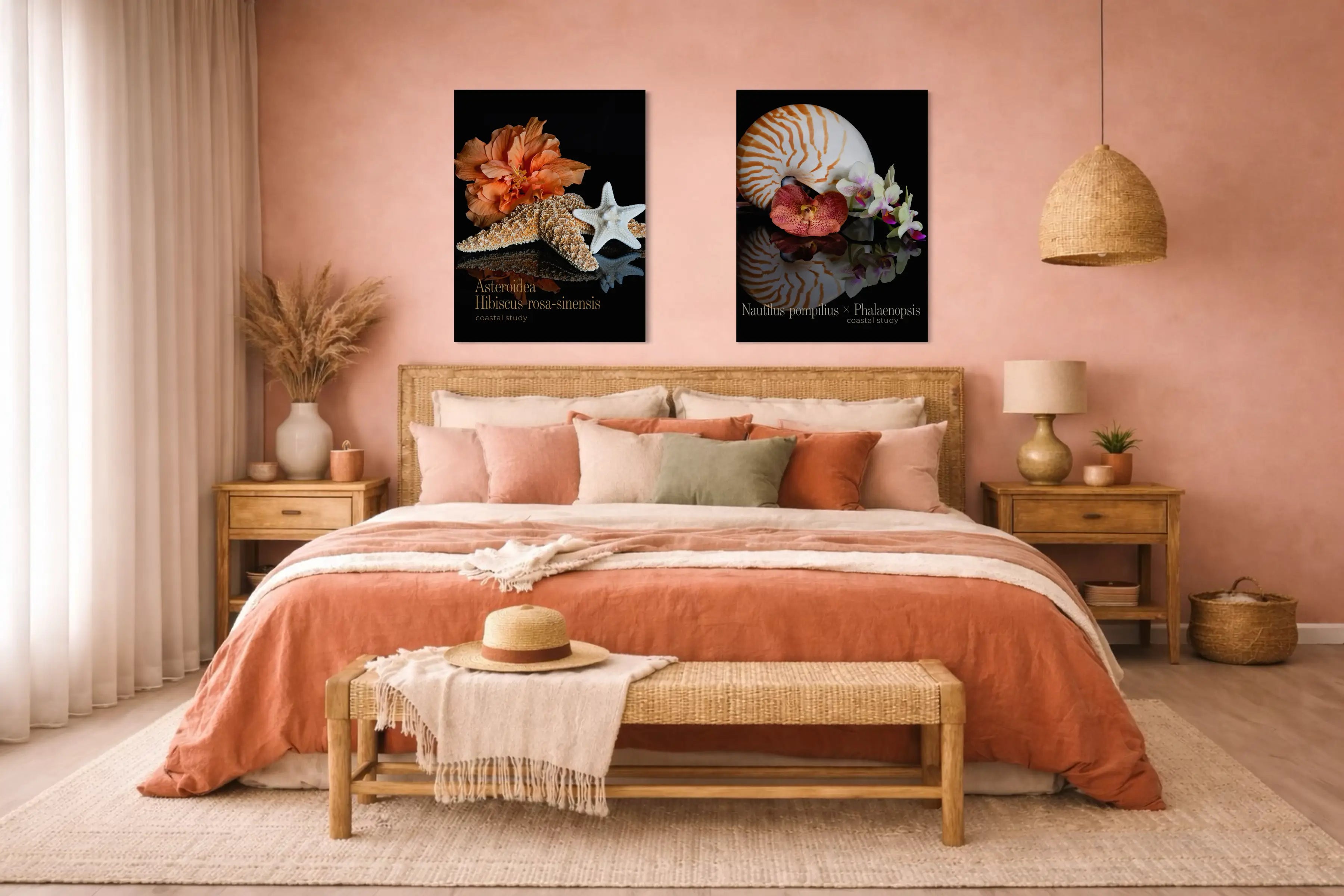 Modern coastal bedroom with starfish hibiscus wall art and nautilus shell floral glass prints above a woven bed