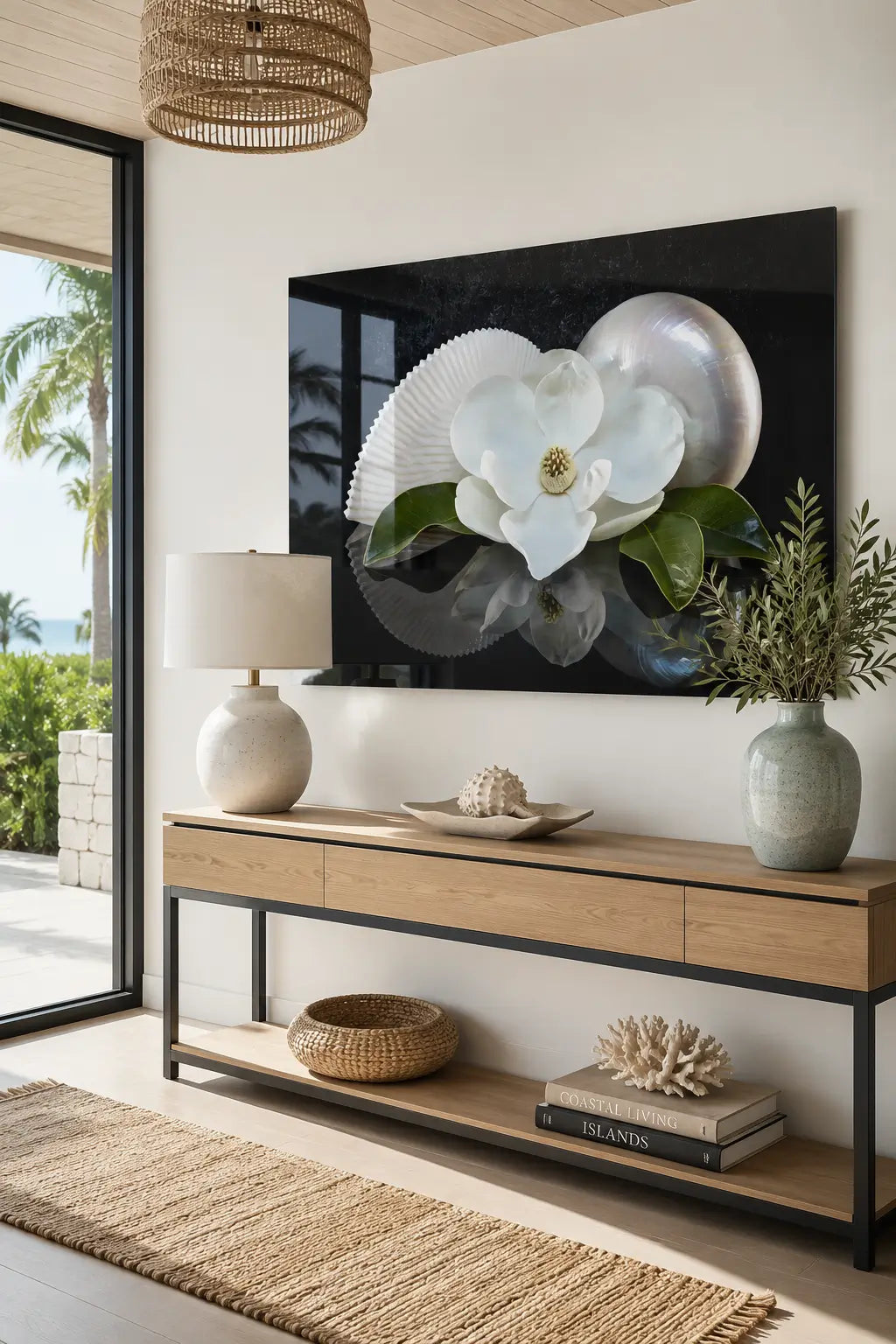 Modern living room with a console table, lamp, and nautilus with magnolia bloom glass print