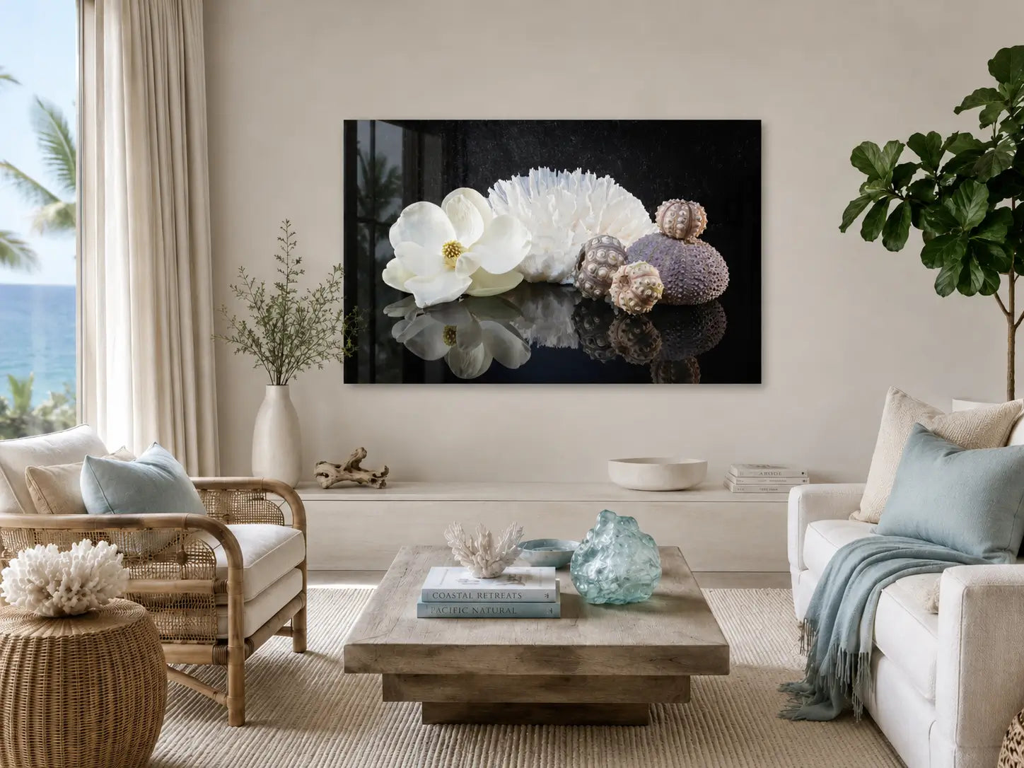 Coastal modern living room with magnolia, coral and sea urchin glass print.