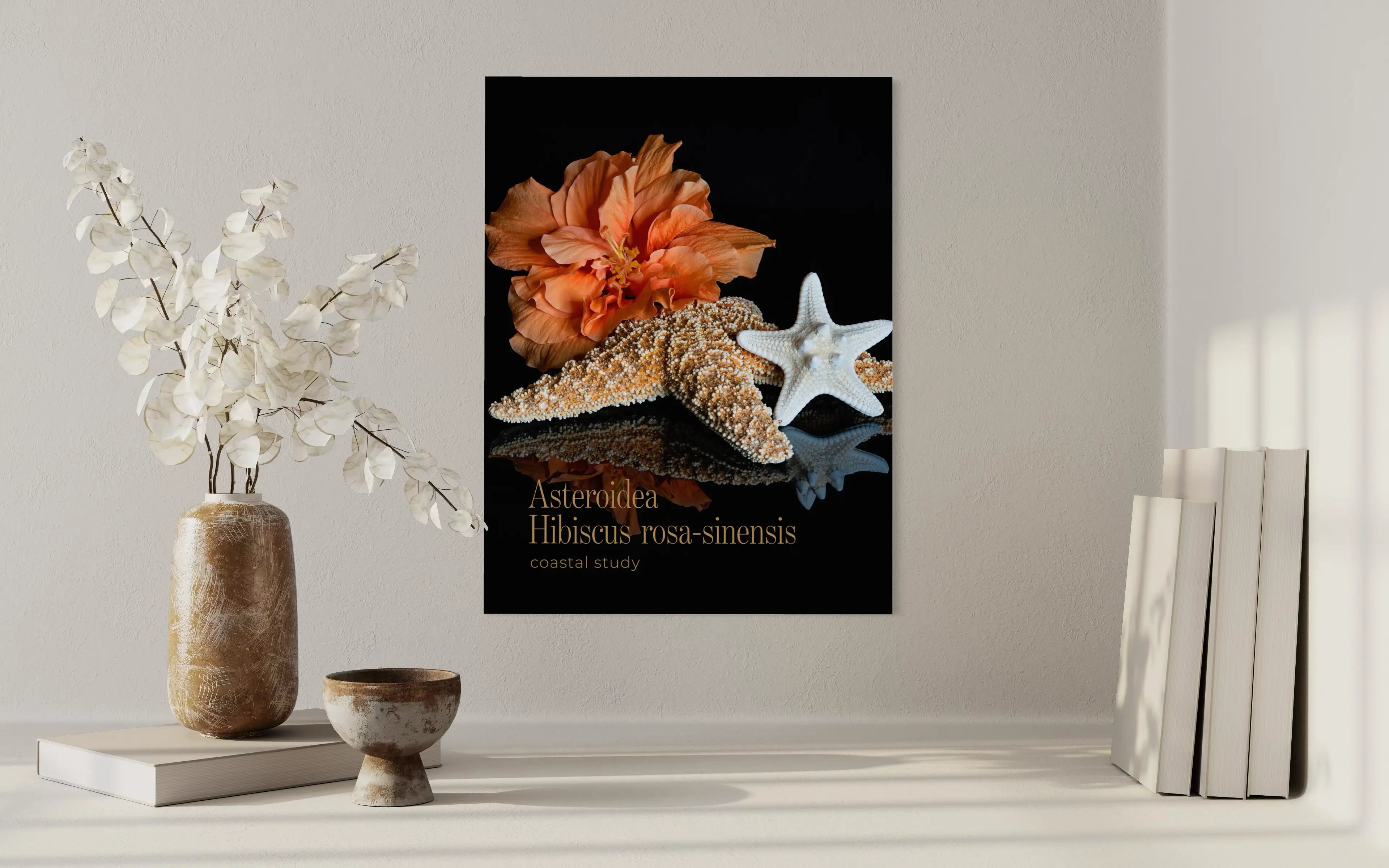 Starfish and orange hibiscus coastal wall art printed on glass displayed above a neutral styled shelf