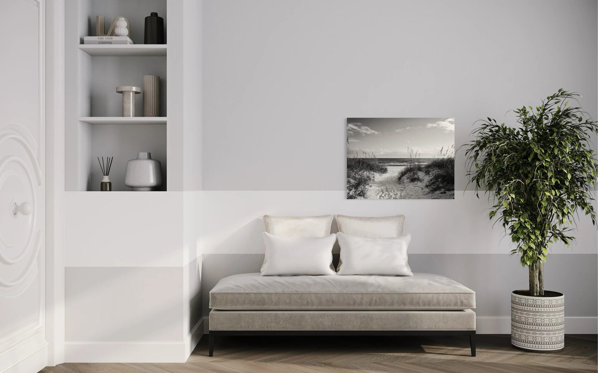 Monochrome Sandy Dunes & Sea Oats coastal glass print for grounding and balance in Feng Shui-entryway