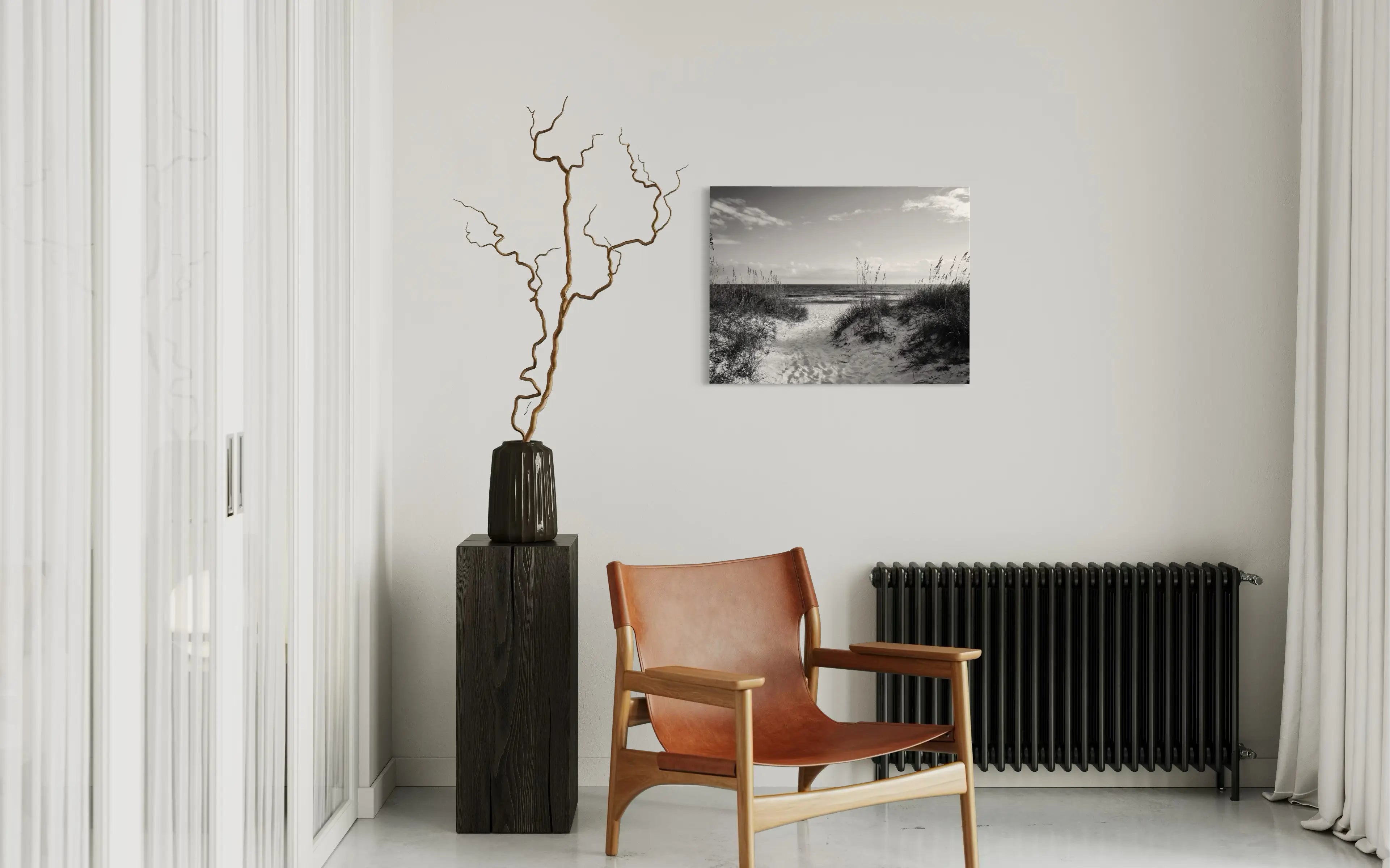 Monochrome Sandy Dunes & Sea Oats coastal glass print for grounding and balance in Feng Shui - sitting area