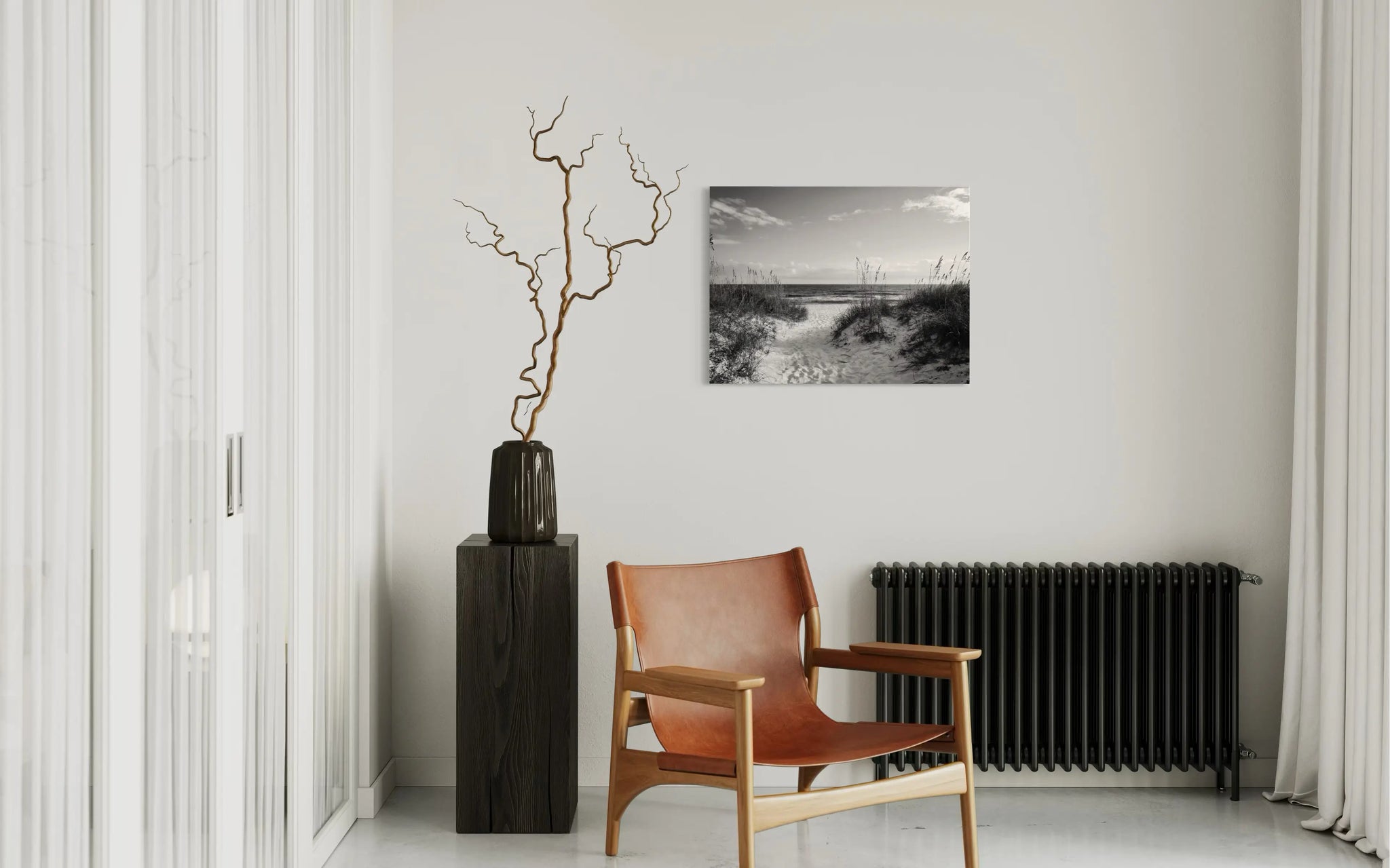 Monochrome Sandy Dunes & Sea Oats coastal glass print for grounding and balance in Feng Shui - sitting area