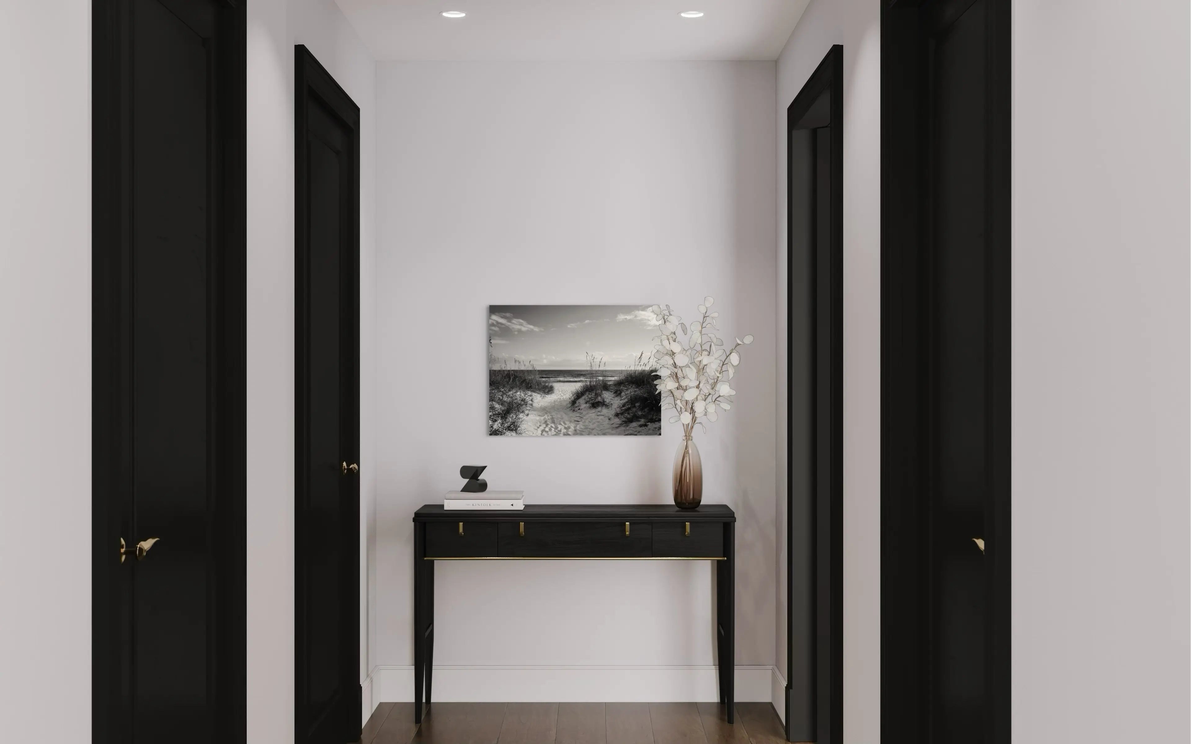 Monochrome Sandy Dunes & Sea Oats coastal glass print for grounding and balance in Feng Shui - hallway