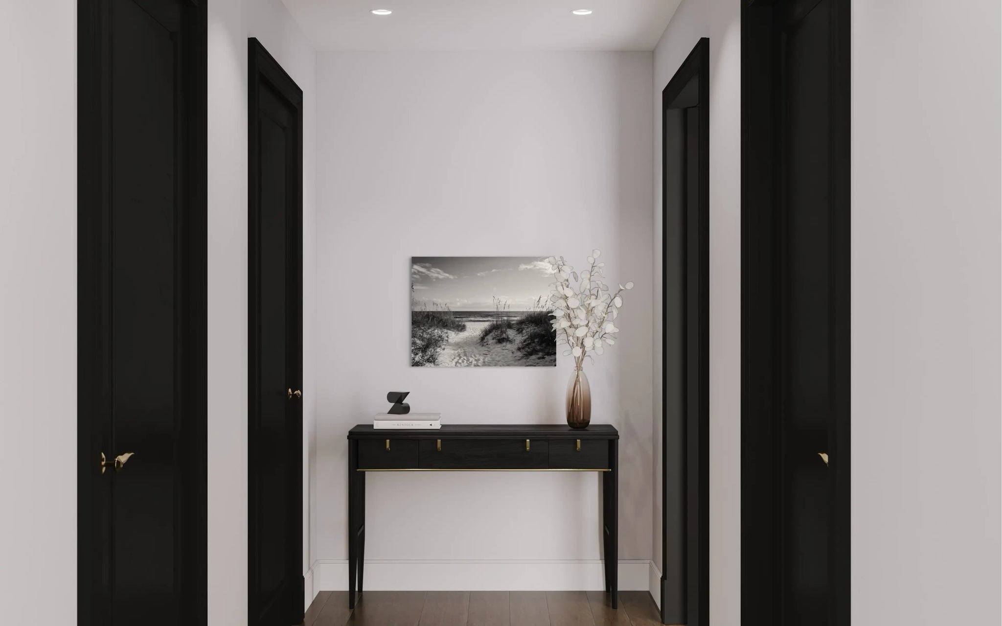 Monochrome Sandy Dunes & Sea Oats coastal glass print for grounding and balance in Feng Shui - hallway