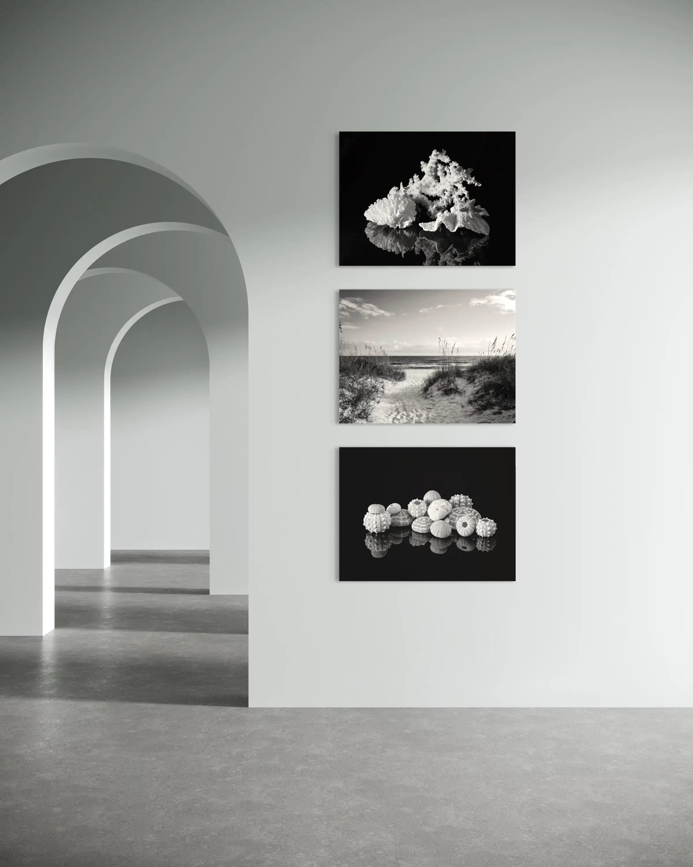 Monochrome Sandy Dunes & Sea Oats coastal glass print for grounding and balance in Feng Shui with 2 other prints