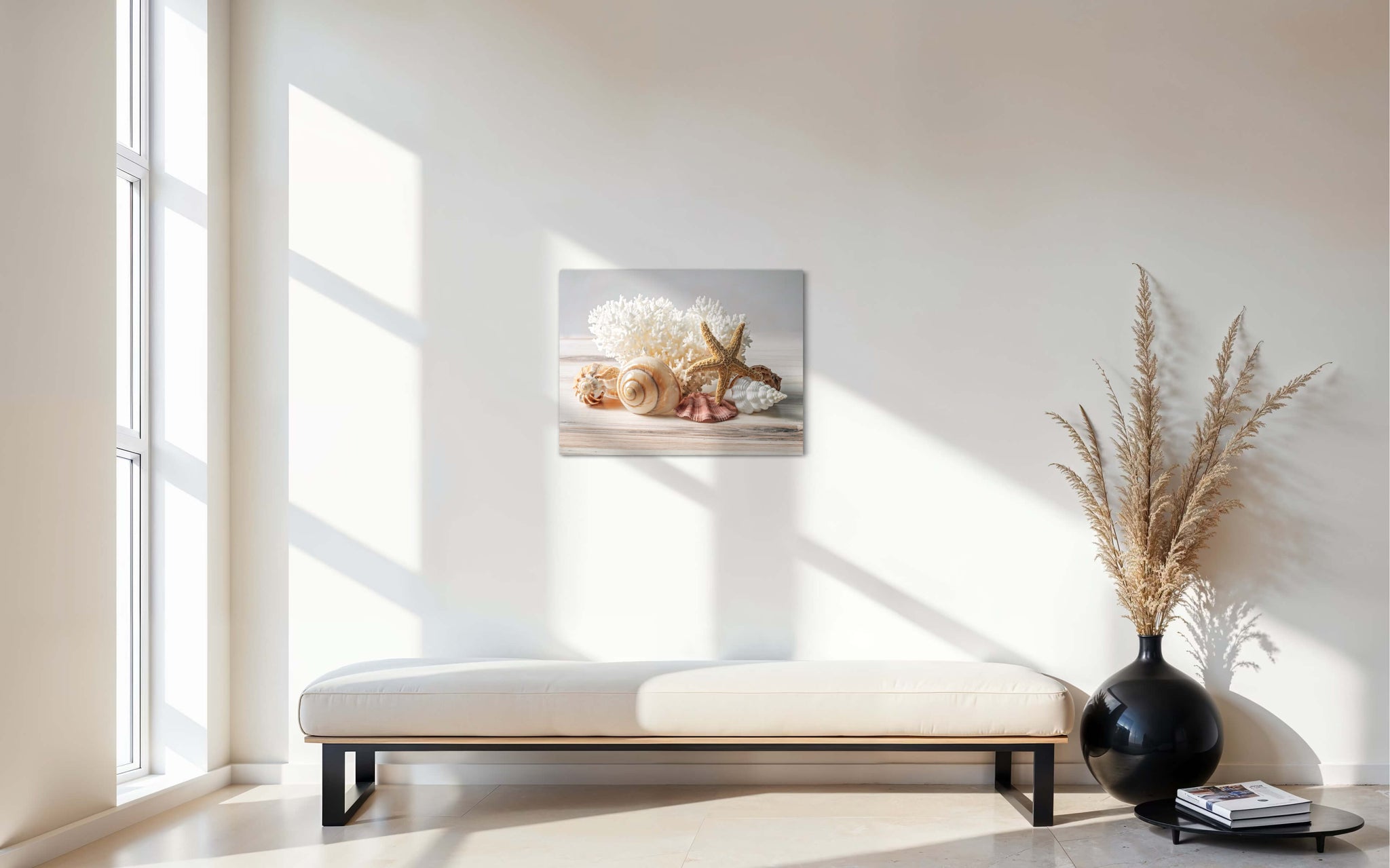 Polished moon snail shell, seashells, and lace coral on a light wooden surface, eco-friendly coastal glass print, sitting area