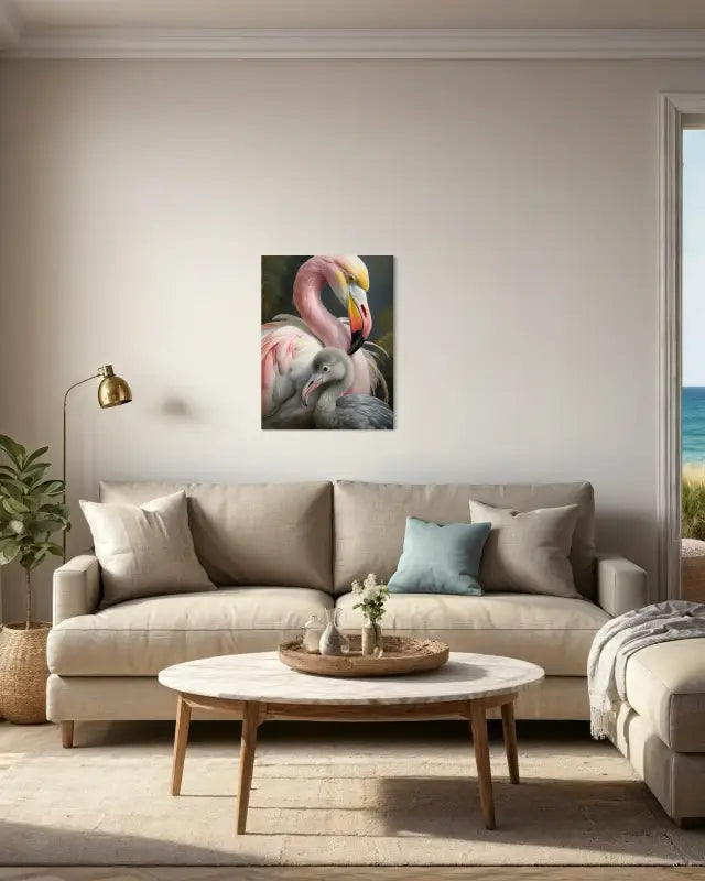 A glass print of a close-up of stylized mother and baby flamingo against a dark green background-living room