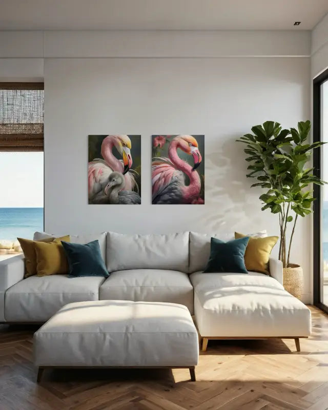 A glass print of a close-up of stylized mother and baby flamingo against a dark green background-galley wall
