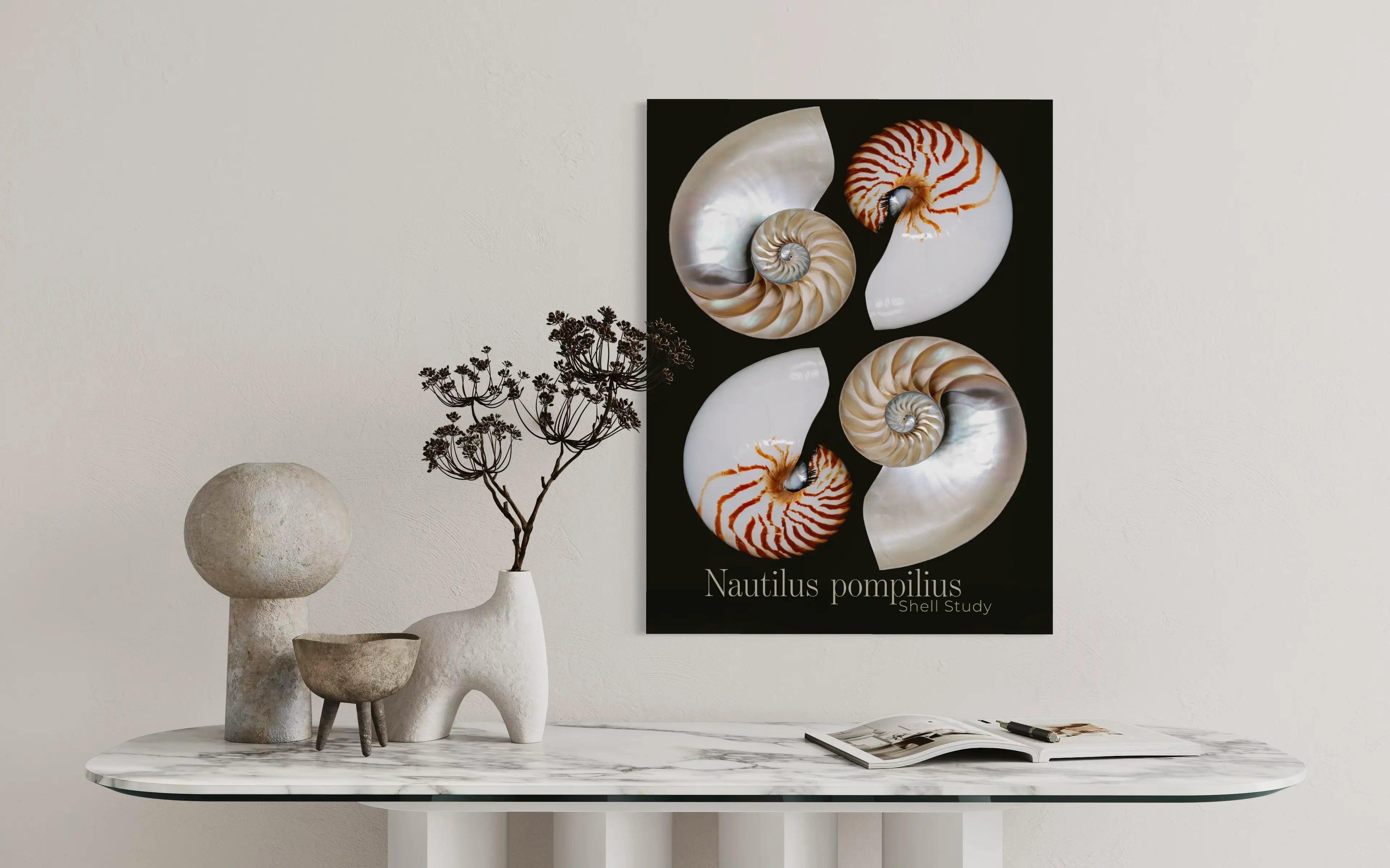 Modern seashell wall art print on glass styled above a console table with sculptural decor