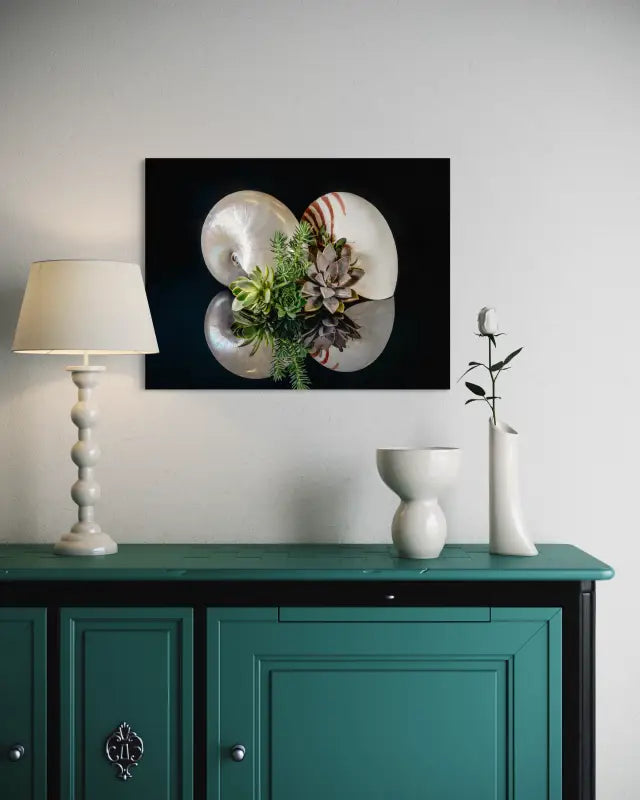 Oceanic Serenity Glass Print with pearl nautilus, chambered nautilus, and succulents on glass, coastal wall decor.