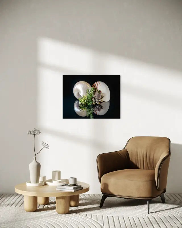 Oceanic Serenity Glass Print with pearl nautilus, chambered nautilus, and succulents on glass, coastal sitting area decor.