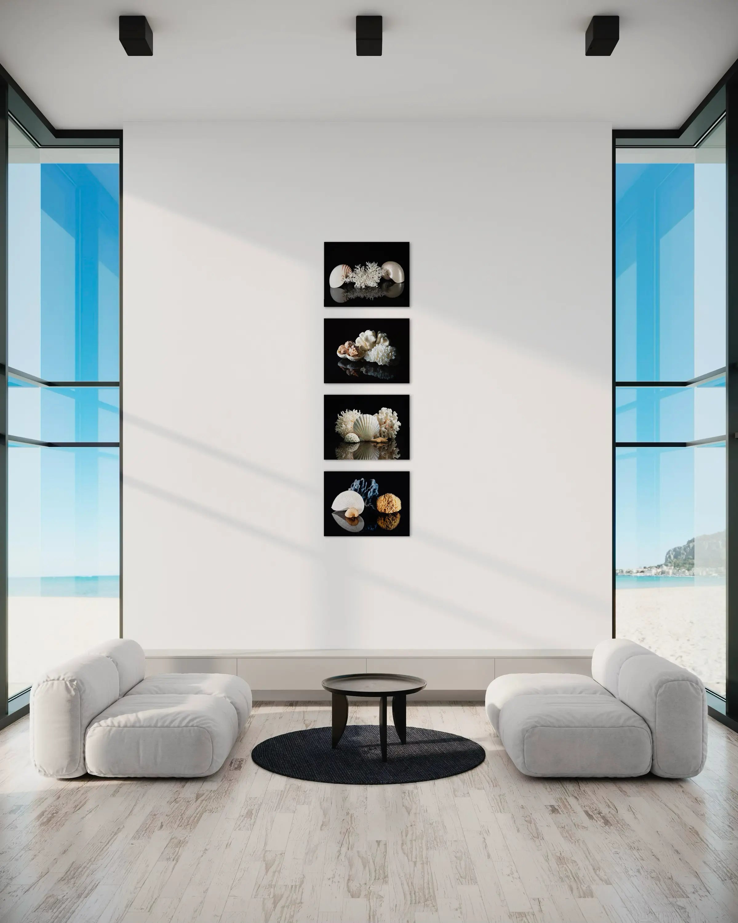 Nautilus & Bird's Nest Coral on black glass print, Echoes of the Sea displayed with 3 other Echoes prints