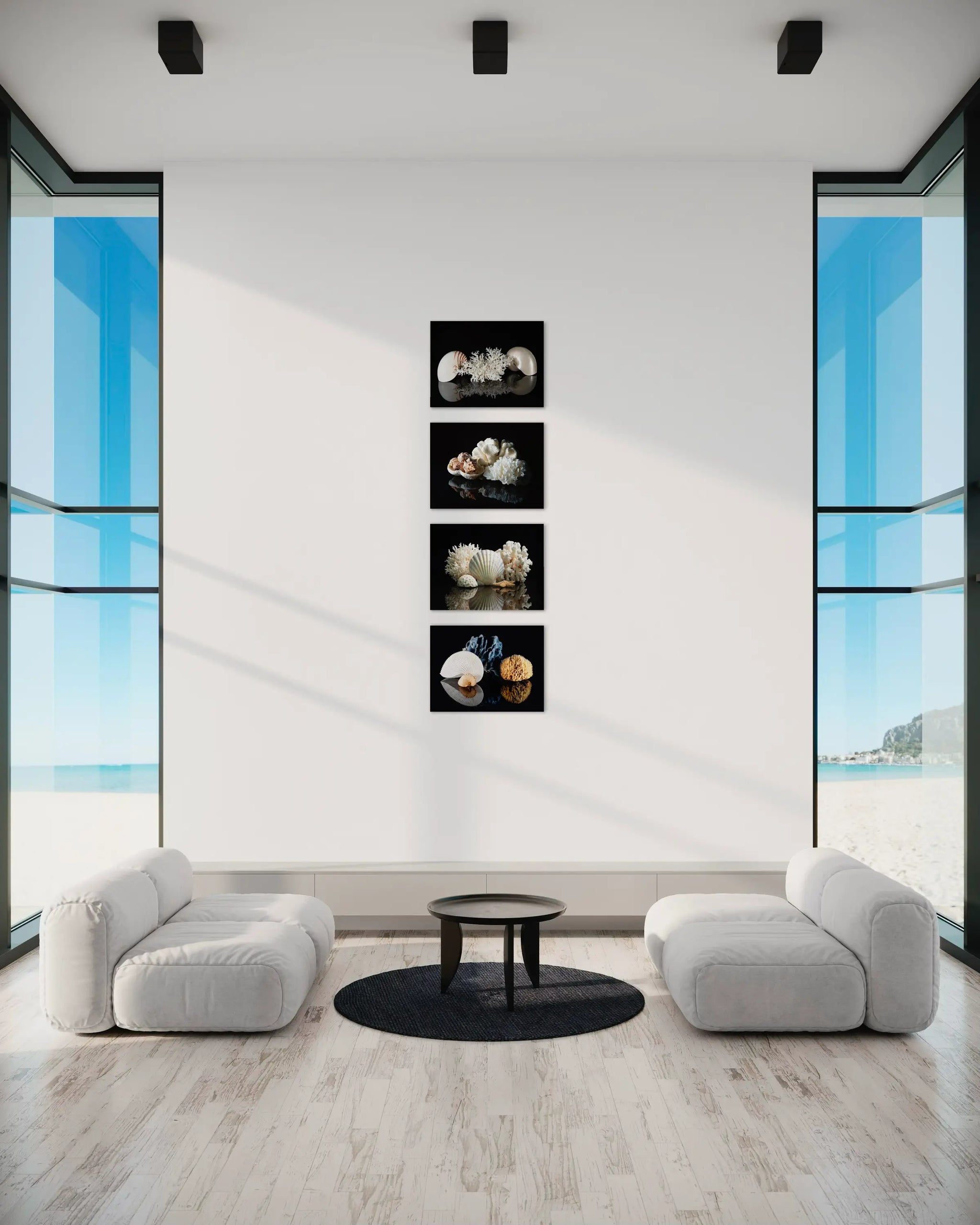 Nautilus & Bird's Nest Coral on black glass print, Echoes of the Sea displayed with 3 other Echoes prints