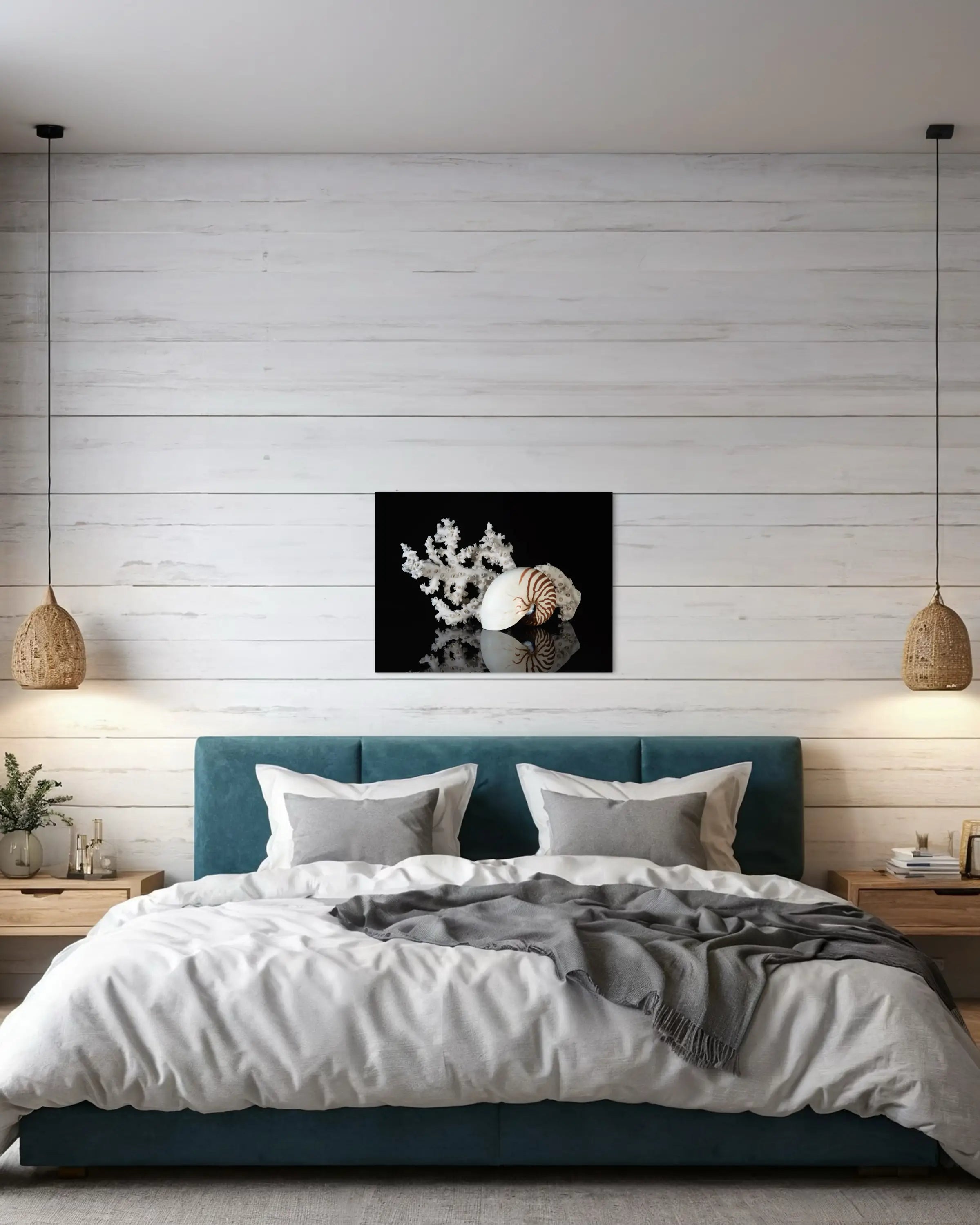 Nautilus shell and coral on black glass print, coastal bedroom wall art