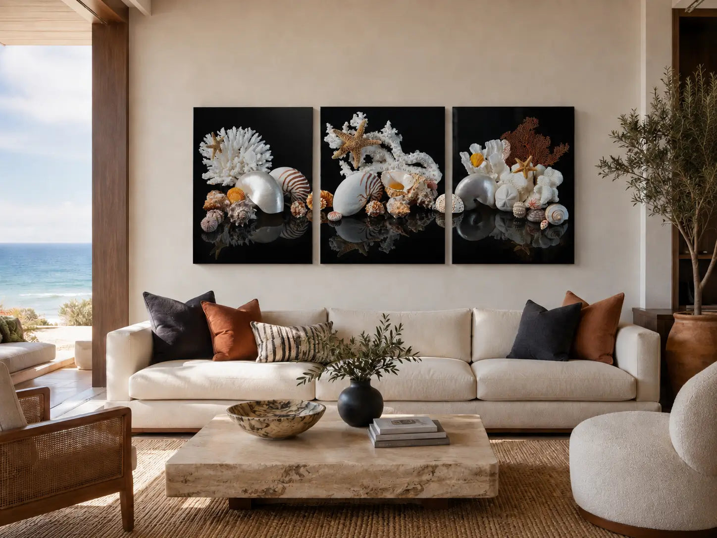 Nautilus, coral, and starfish triptych glass wall art displayed above a cream sofa in a luxury modern coastal living room with warm rust and charcoal accents.