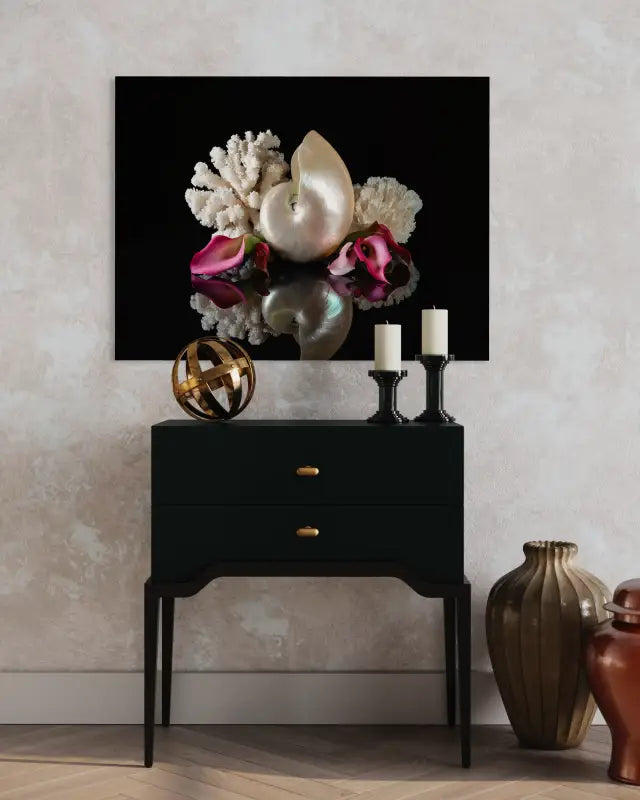 Nautilus shell and lilies on black reflective glass, Echoes art, coastal glass print  shown above table