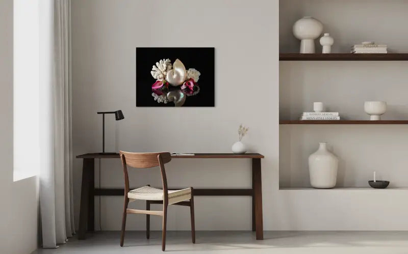 Nautilus shell and lilies on black reflective glass, Echoes art, coastal glass print  for office decor.