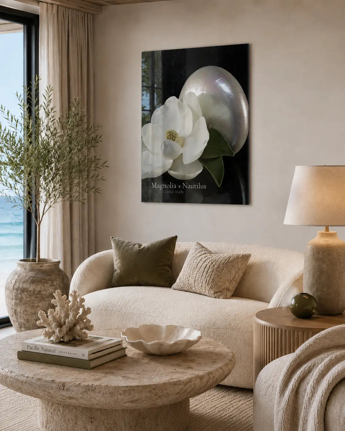 Coastal living room in neutral colors with Echoes' glass print a modern twist on the scientific botanical poster.