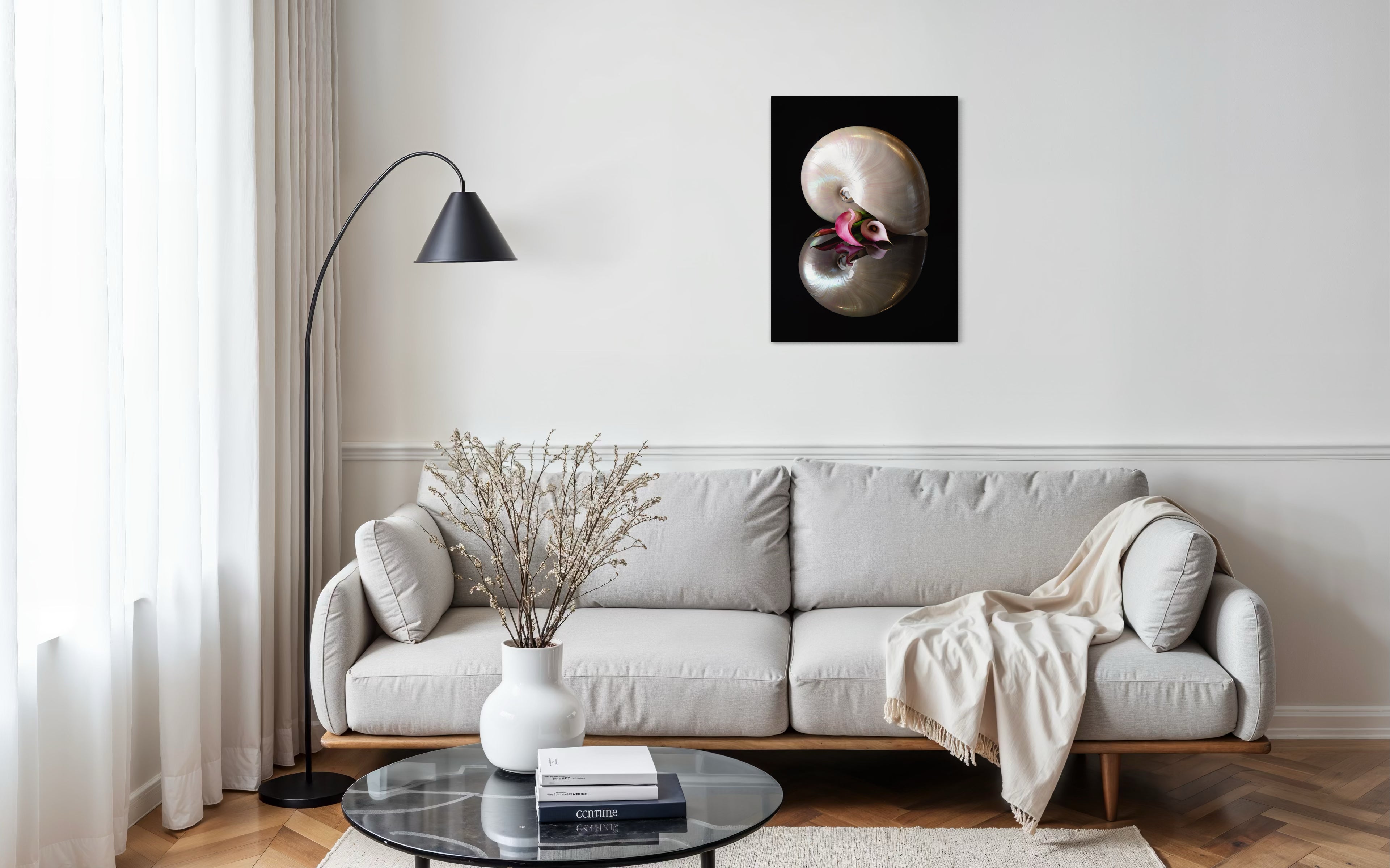 Nautilus shell and pink lilies on reflective glass, coastal wall art, living room