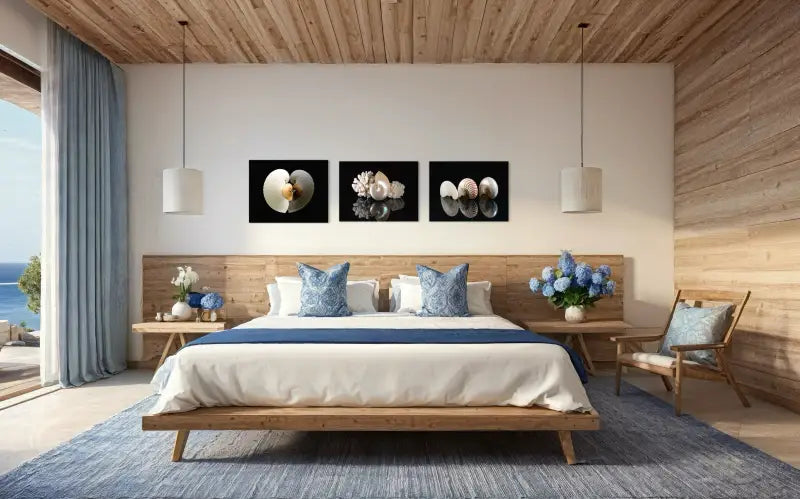 Three nautilus shells on black reflective background, Echoes of the Sea glass art in bedroom wall gallery with 2 other matching prints.