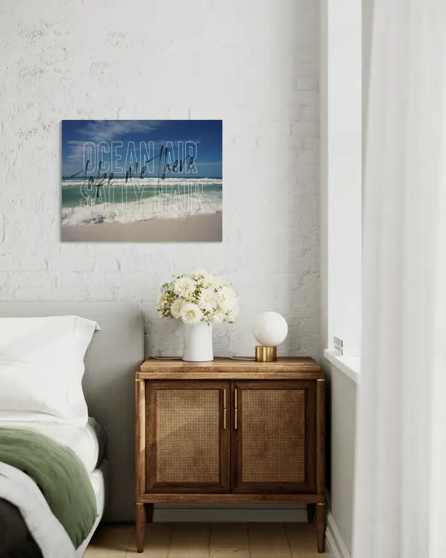 Emerald Coast waves with "Ocean Air Salty Hair" text, coastal glass print for beach bedroom decor.
