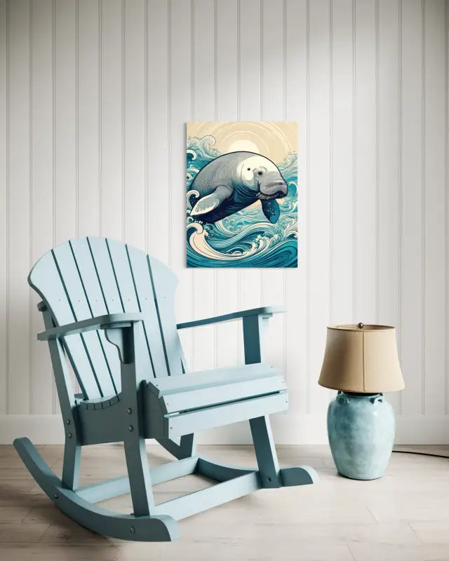 Glass print of line art manatee playing in hokusai style waves with sun rising behind it-sitting area