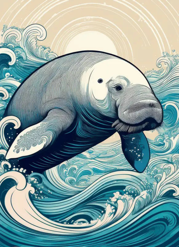 Glass print of line art manatee playing in hokusai style waves with sun rising behind it