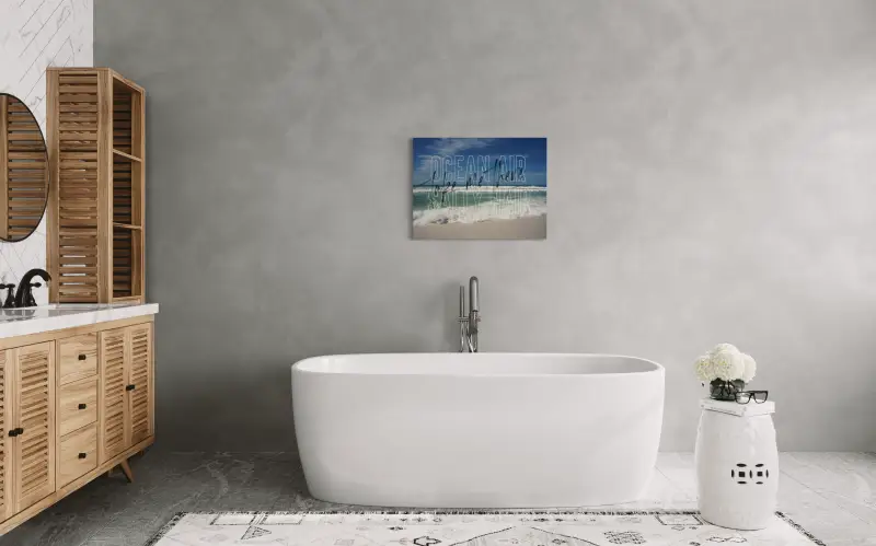 Emerald Coast waves with "Ocean Air Salty Hair" text, coastal glass print for beachy decor.